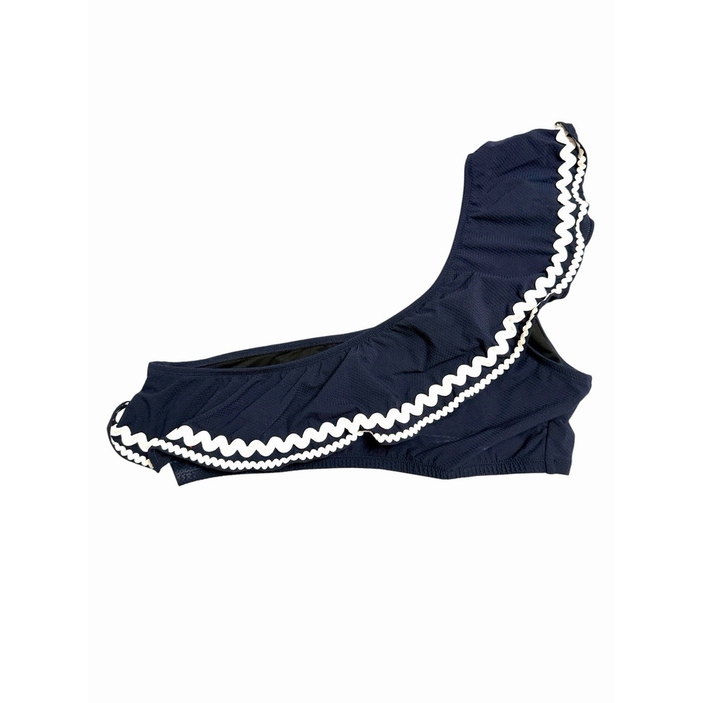 New! J Crew Rickrack Ruffle One-Shoulder Bikini Top Size Medium Navy Blue White